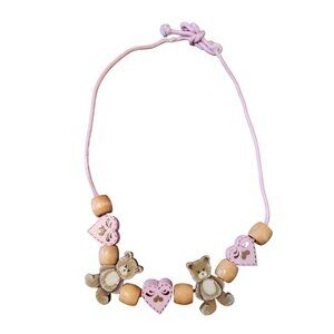 Handmade Wooden Teddy Bear & Heart Pendant Necklace or Baby Garland Vintage Pink